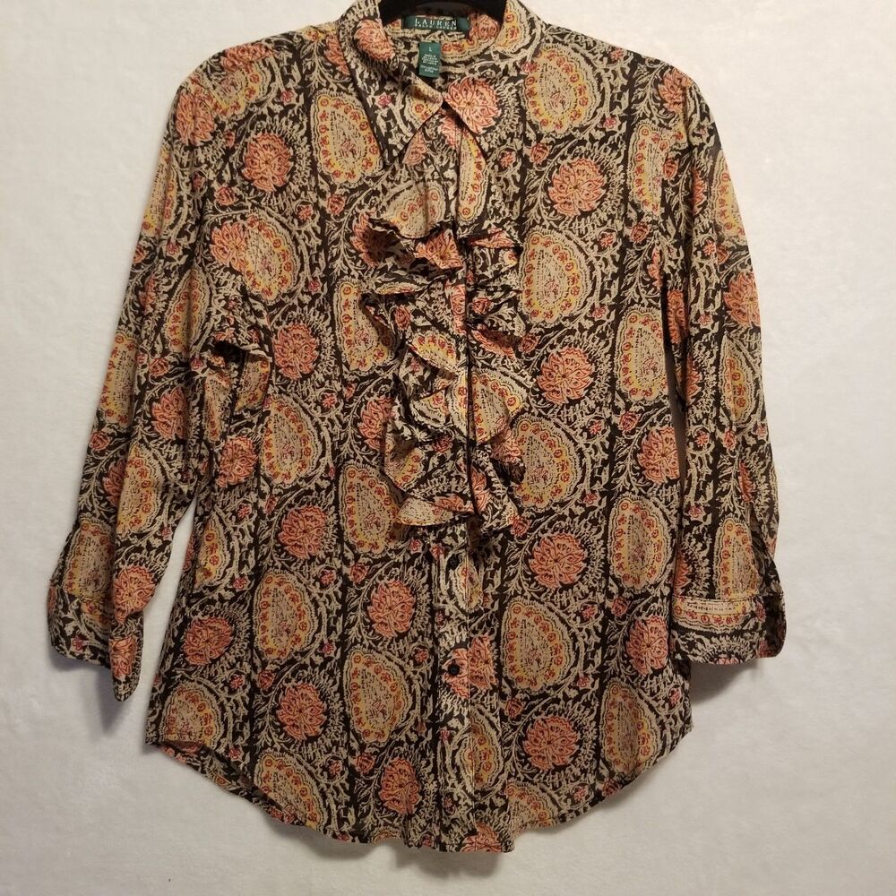 Lauren Ralph Lauren L Top 100% Cotton Button Up Ruffle Front Lightweight Preppy